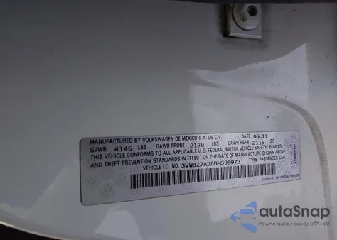 2011 Volkswagen Jetta 2.5L Se из США, поврежденный, VIN 3VWBZ7AJ0BM399973